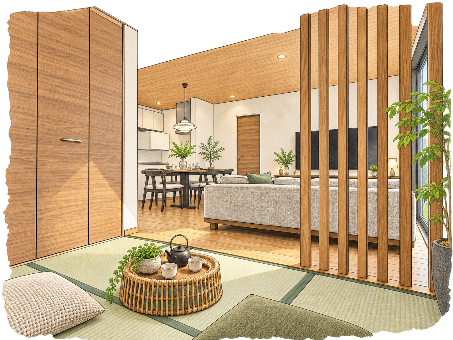 小上がりの畳スペースがある和モダンの住まい